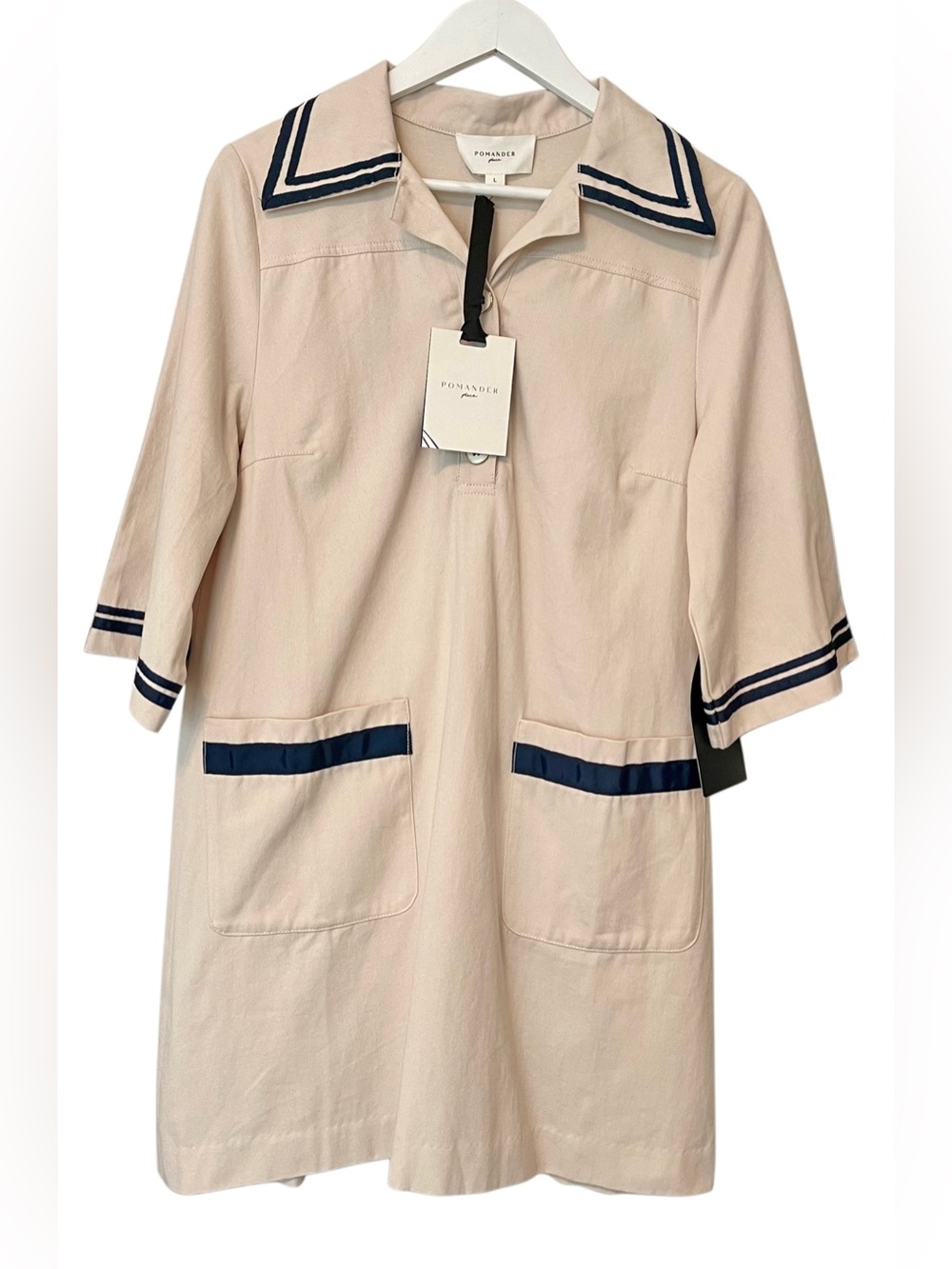 Pomander Place Beige Mini Dress with Navy Trim